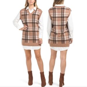 Tahari Plaid Twofer Sweater Vest Mini Dress